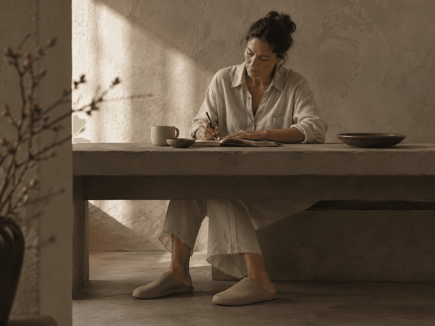A woman seated at a stone table, writing in a journal, wearing a pair of sand-colored Inyo mules.