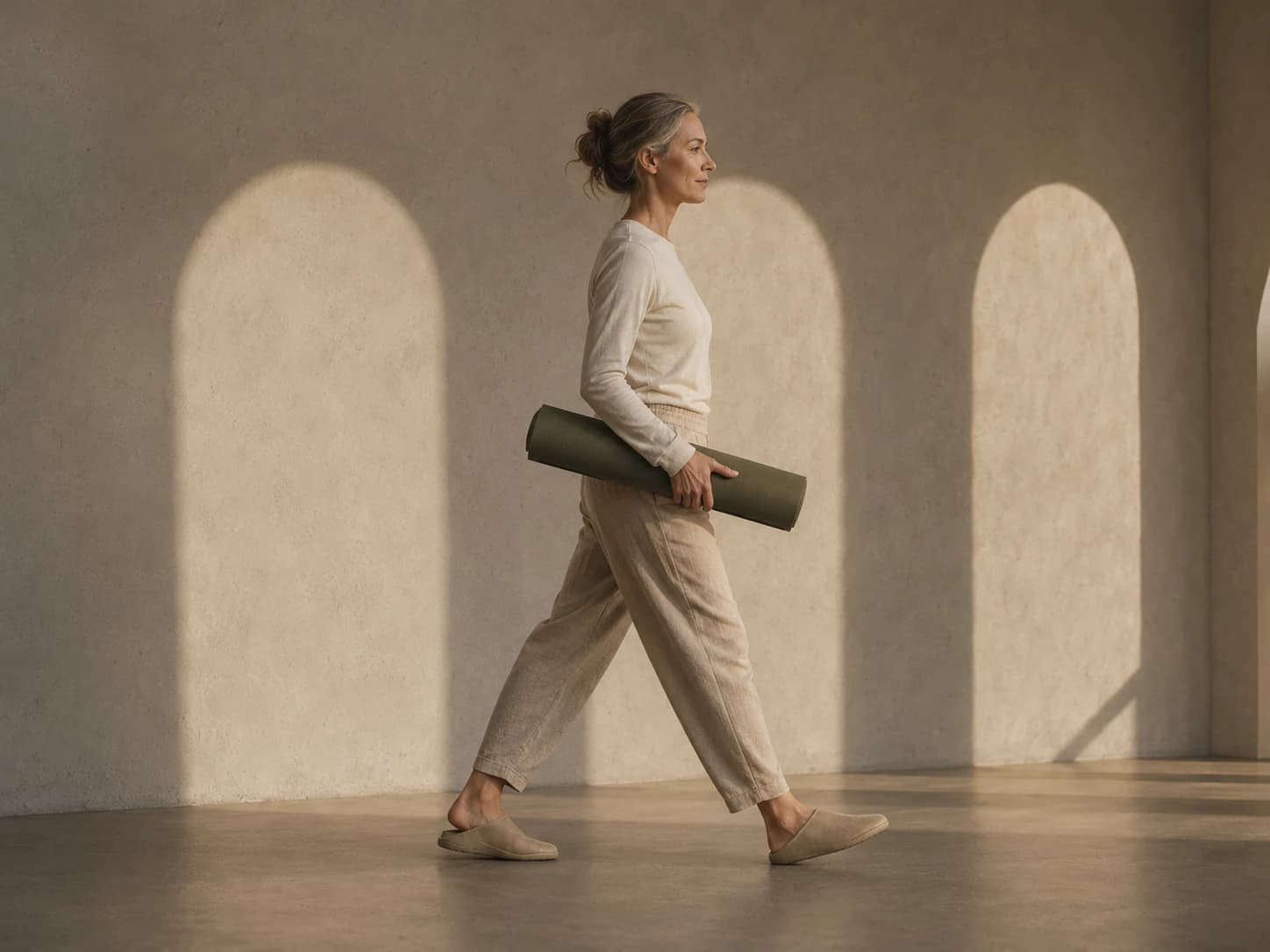 A practitioner in linen carries a yoga mat through a sunlit corridor of arches.