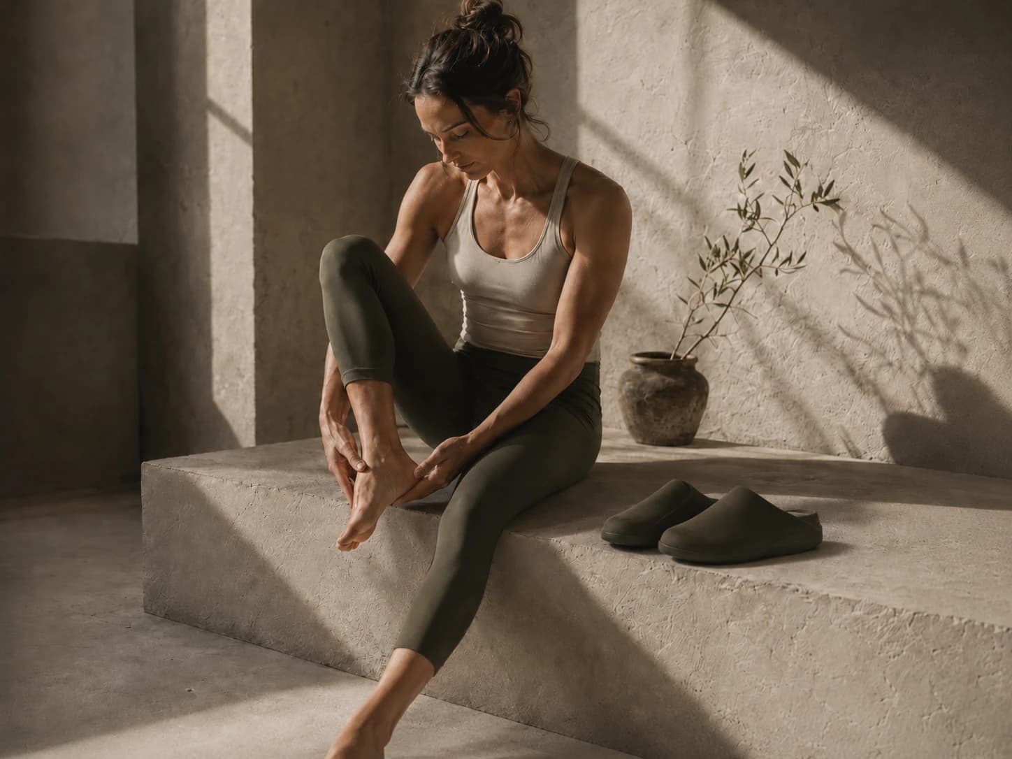 A practitioner sits on a stone bench, hand resting on her foot, a pair of Inyo mules beside her.