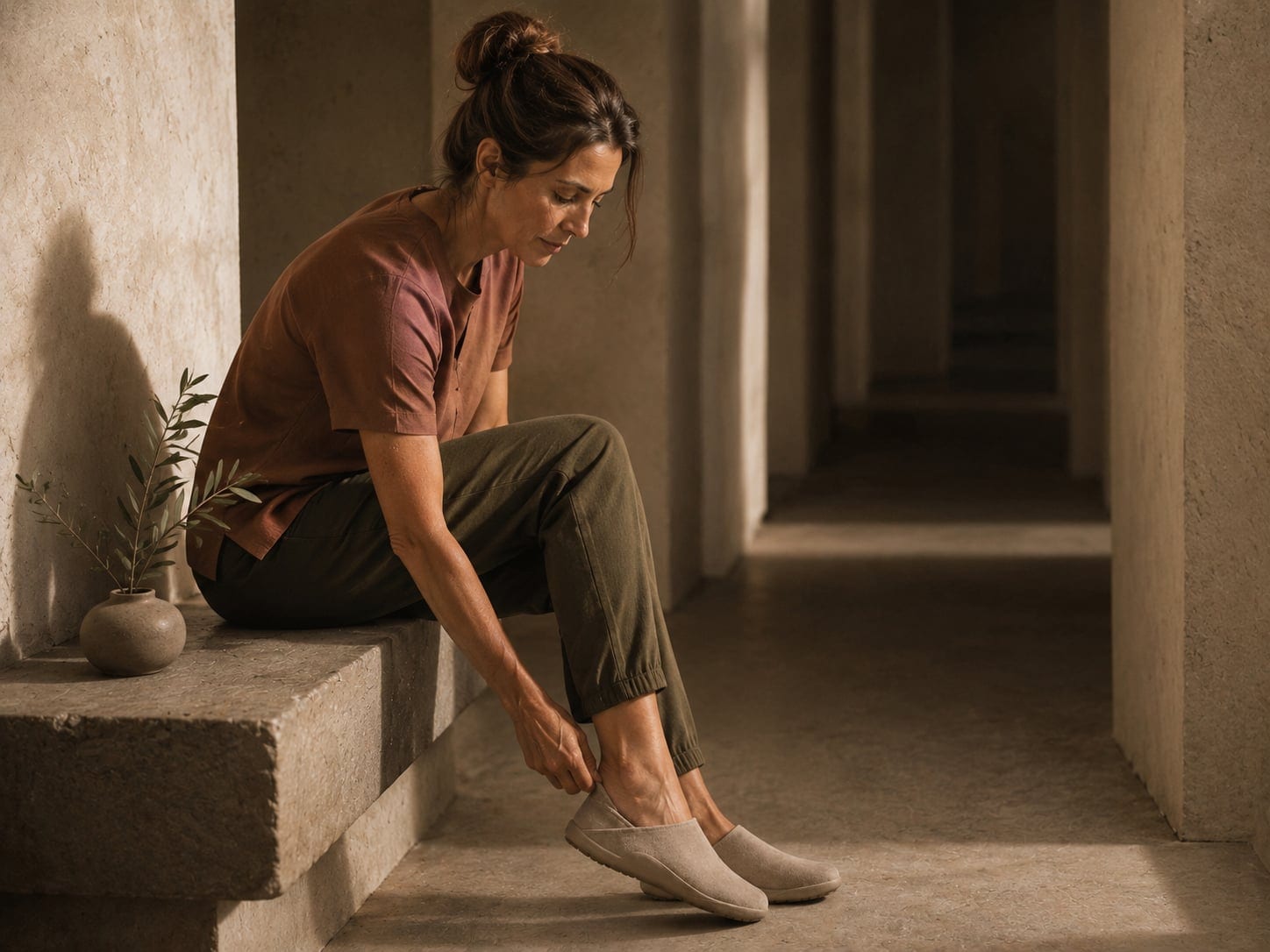 A person in an arched corridor, seated on a ledge, easing on a tan suede Inyo mule.