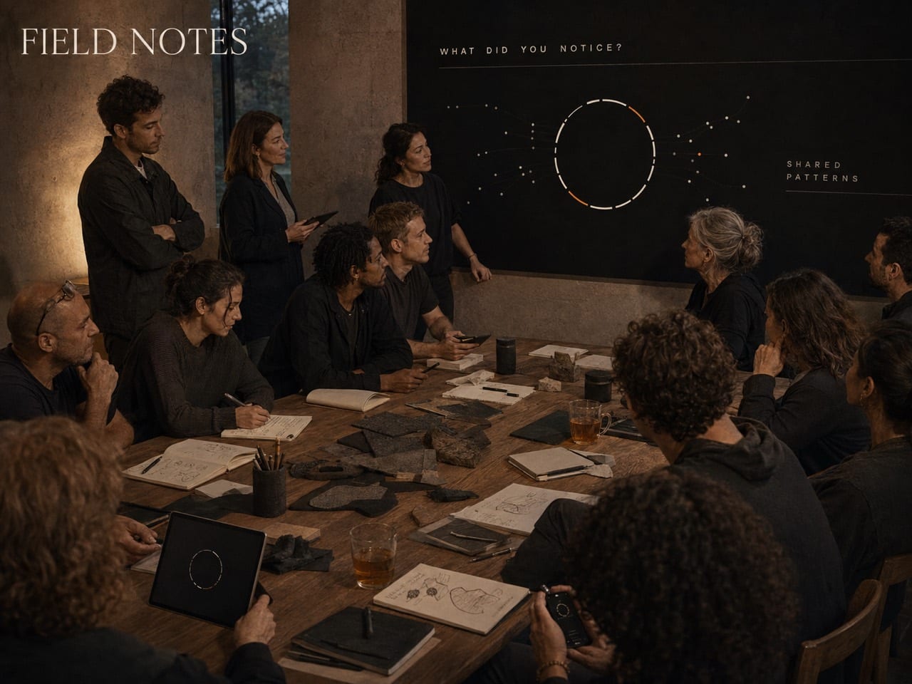 A group gathered around a shared table, comparing field notes and observations.