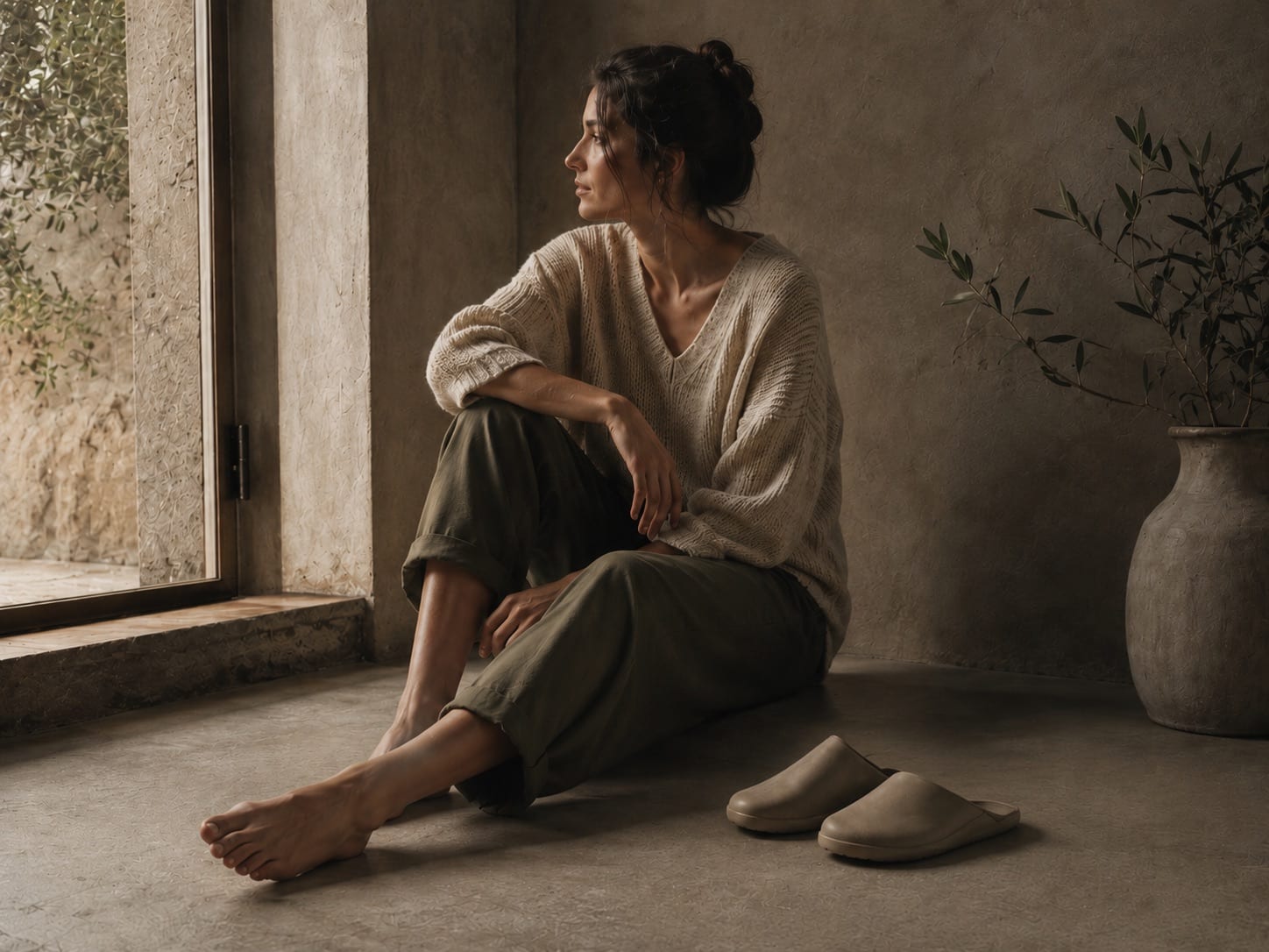 A person at home by a sunlit window, taupe Inyo mules beside their bare feet.