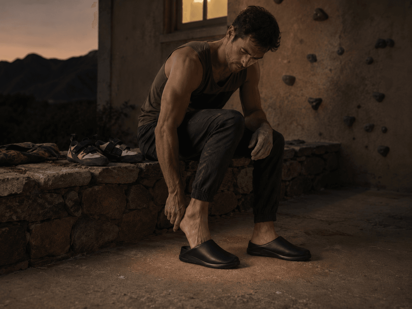 A climber resting after training in a quiet gym.