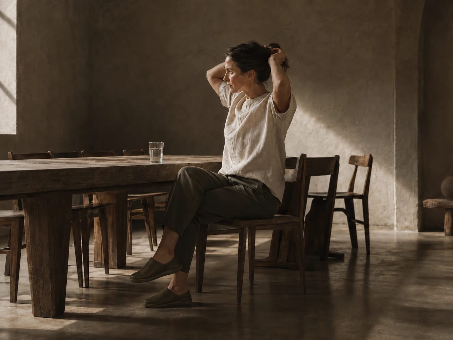 A hospitality worker resting after a long shift.